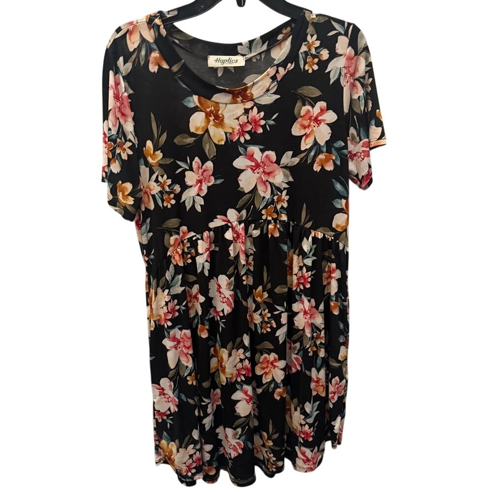 Haptics by Holly‎ Harper Black Floral Babydoll Tunic Top Short Sleeve Scoop Neck